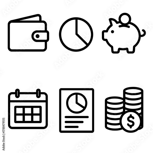 Wealth Management Icons. Personal wealth management linear icon set: wallet, pie graph, piggy bank, calendar, report paper, coin stack.