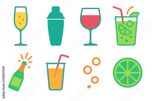 Vibrant Drink Icons. Festive Drinks Icons flat icons: champagne flute, cocktail shaker, wine glass, mojito cup, bottle popping, glass with straw, bubbles, lime slice