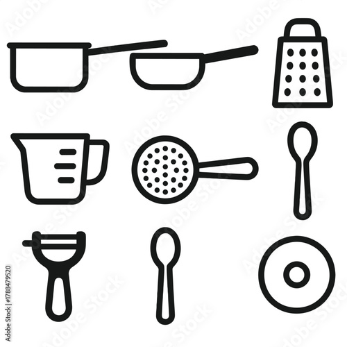 Kitchen Tools Icons. Modern Kitchen Cooking Tools linear icon set: saucepan, skillet, measuring cup, grater, peeler, strainer, spoon, pot lid.