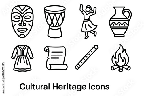 Cultural Heritage Icons. Cultural Heritage linear icon set: mask, drum, folk dancer, handmade pottery, traditional dress, ancient scroll, music flute, celebration fire.