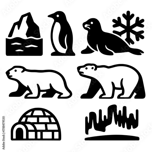 Arctic Icon Set. Arctic Habitat Set silhouette icon set: iceberg, penguin, seal, polar bear, snowflake, fish, igloo, aurora.