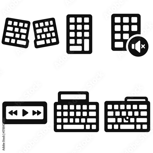 Brutalist Keyboard Icons. Professional Keyboards silhouette icon set: split ergonomic keyboard, numeric keypad, silent keys, media control bar, programmable keyboard, trackpoint