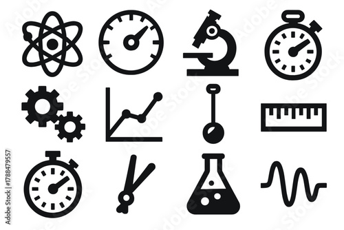 Scientific Horology Icons. Scientific Horology silhouette icon set: atomic clock, precision dial, microscope, stopwatch, gears, graph, pendulum, measurement ruler, timer, clock