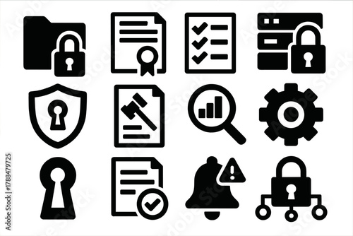Bold Data Governance Icons. Data Governance silhouette icon set: folder with lock, policy paper, checklist form, secure server, privacy shield, rule document, data audit, gear icon