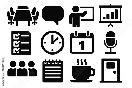 Brutalist Meeting Icons. Meeting Agenda silhouette icon set: conference table, speech bubble, presenter, projector screen, checklist, clock, calendar page, microphone, participants