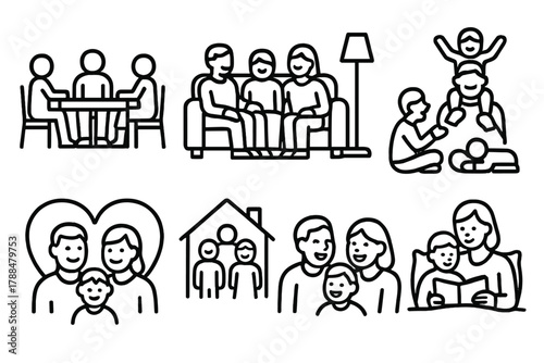 Family Icons Collection. Family Moments linear icon set: dinner table, cozy living room, storytelling, child on shoulders, family heart, home comfort, shared laughter, bedtime