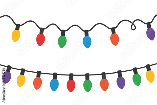 A string of colorful Christmas lights is displayed against a white background.