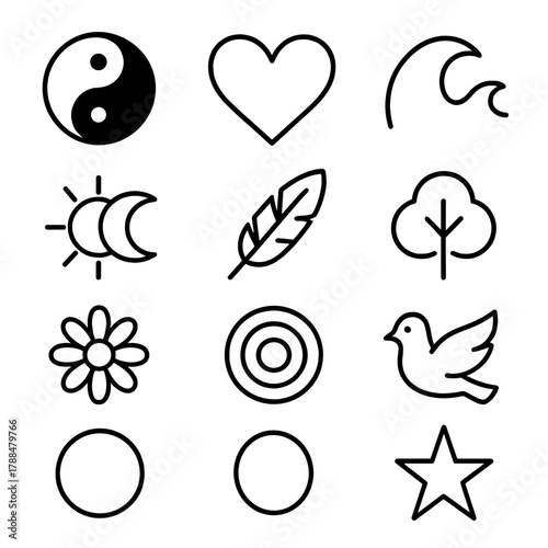Harmony Symbols Collection. Harmony Concept linear icon set: yin yang, heart, leaf, wave, sun and moon, feather, tree, water ripple, flower, circle, dove, star. , .