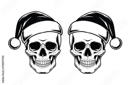 Two skulls wearing Santa hats symbolize a dark or gothic interpretation of the holiday season.