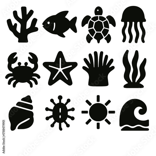 Ocean Icons Collection. Ocean Biodiversity silhouette icon set: coral, fish, turtle, jellyfish, crab, starfish, anemone, seaweed, shell, plankton, sun, wave.
