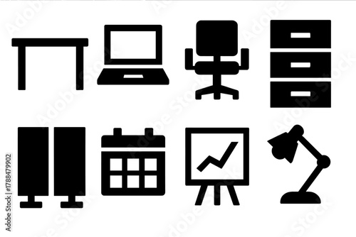 Brutalist Office Icons. Office Space Efficiency silhouette icon set: desk, laptop, chair, file cabinet, divider, calendar, chart, lamp.