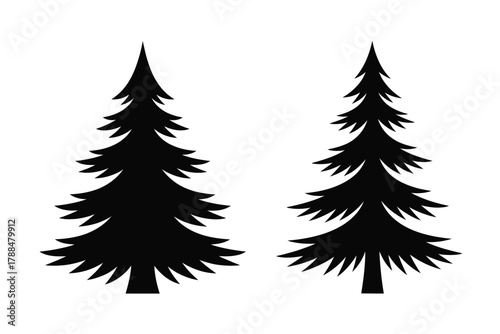 Two stylized silhouette evergreen trees stand side by side against a white background.