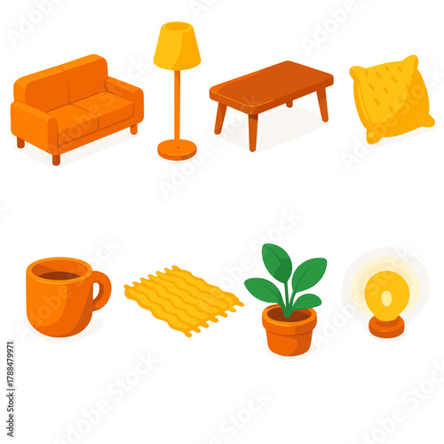 Cozy Living Icons. Minimal Cozy Living modern flat icons set: low sofa, floor lamp, coffee table, wool cushion, clay mug, textured rug, potted plant, soft lighting.