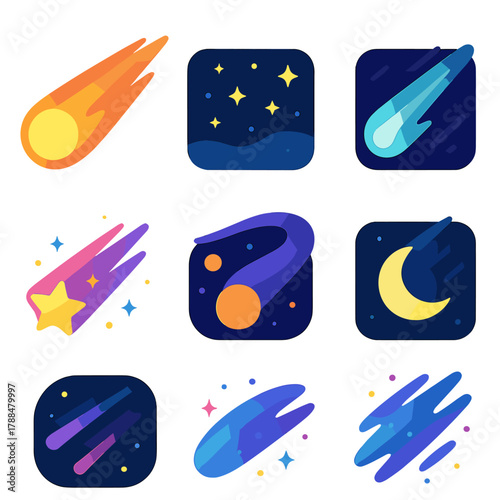 Celestial Icon Collection. Celestial Streaks modern flat icons set: glowing comet, starry night, icy tail, dark sky, shooting star, distant planets, moonlight, cosmic dust.