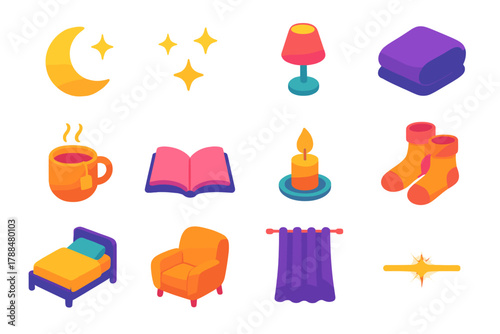 Cozy Night Icons. Nighttime Comfort modern flat icons set: moon, stars, lamp glow, blanket, cup of tea, open book, candlelight, warm socks, bed, cozy chair, curtain, glow line.
