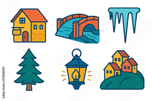 Mountain Village Icons. Mountain Village Charm modern flat icons set: cozy inn, bridge, icicles, fir tree, lantern glow, hillside homes.