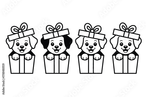 Four cute puppies peek out from gift boxes with bows, ready for the holidays.