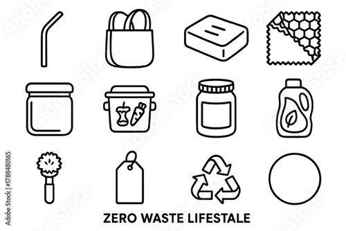 Zero Waste Icons. Zero Waste Lifestyle linear icon set: metal straw, cloth bag, soap bar, beeswax wrap, glass container, food scraps bin, upcycled jar, eco detergent, wooden brush,