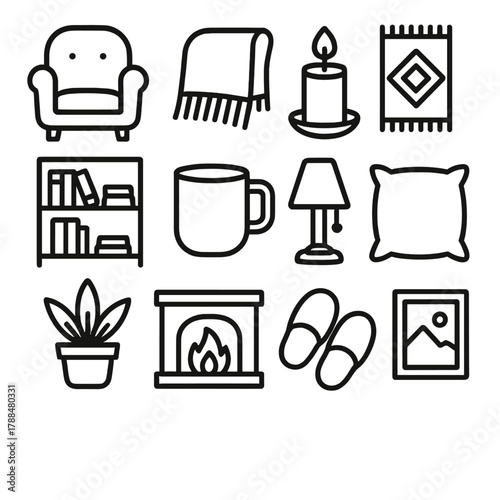 Cozy Interiors Icons. Cozy Interiors Icons linear icon set: armchair, blanket, candle, rug, bookshelf, coffee mug, lamp, cushion, plant, fireplace, slippers, framed picture.