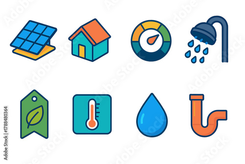 Eco-Friendly Home Icons. Sustainable Home modern flat icons set: roof panel, house, gauge, showerhead, eco label, thermostat, droplet, pipe.