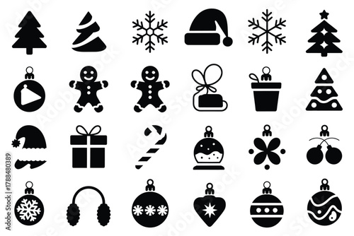 A collection of various Christmas-themed silhouette icons including trees, snowflakes, hats, gingerbread men, and ornaments.