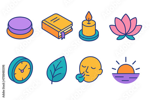 Mindful Icons Collection. Mindful Resolutions modern flat icons set: meditation cushion, journal, candle, lotus flower, clock, leaf, breathing icon, sunrise.