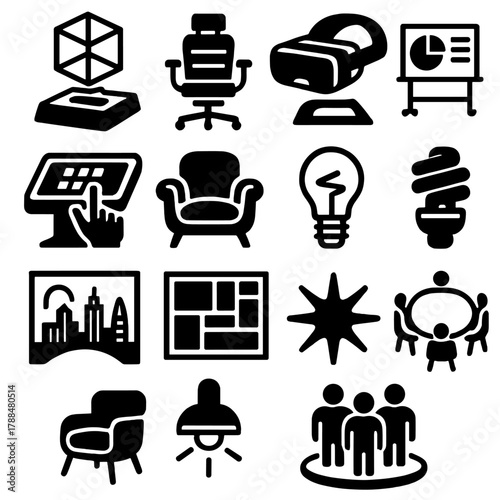 Future Office Icons. Next-Gen Office silhouette icon set: holographic display, ergonomic chair, AR headset, smart whiteboard, touch panel table, coworking lounge, energy-efficient