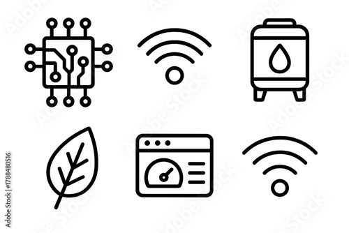 IoT Agriculture Icons. IoT Agriculture linear icon set: circuit board, wifi symbol, water tank, leaf, dashboard, signal.