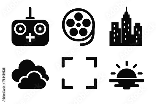 Bold Cinematic Icon Set. Cinematic Shots silhouette icon set: drone controller, film reel, city skyline, clouds, focus frame, sunset.