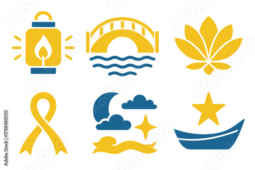 Festival Icon Set. Festival Night silhouette icon set: glowing lantern, bridge, water reflection, lotus, ribbon, sky, star, boat.