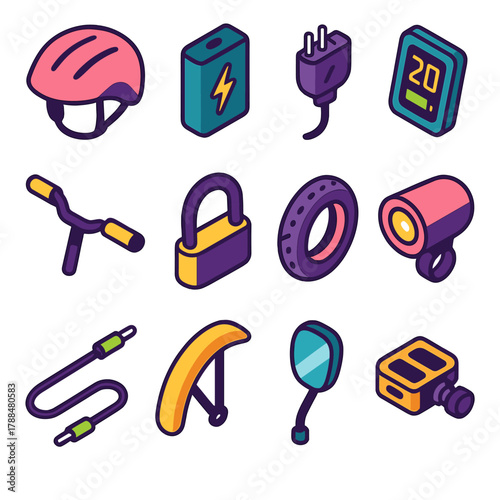 E-Bike Gear Icons. E-Bike Gear Icons modern flat icons set: helmet, battery, charger plug, display, handlebar, lock, tire, light, cable, fender, mirror, pedal.