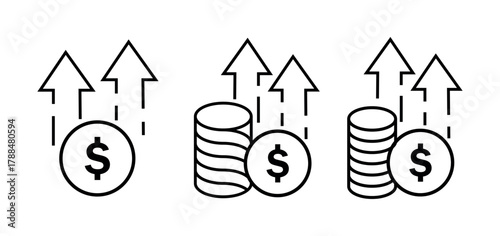 business graph with arrow. Financial growth and success. stack of coins up arrow icon. investment growth on stacked currency symbol. money growth chart sign png and vector on transparent background.