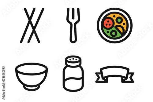 Fusion Food Icons. Fusion Cuisine linear icon set: chopsticks, fork, colorful dish, bowl, spice jar, ribbon.
