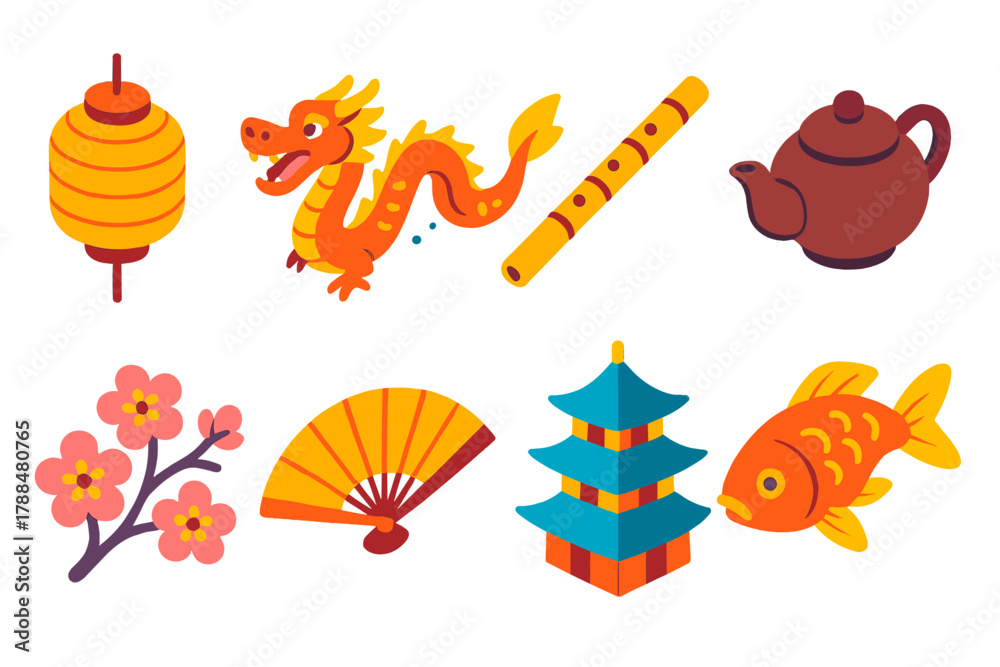 Fototapeta premium Asian Culture Icons. Asian Cultural Celebration modern flat icons set: paper lantern, dragon, bamboo flute, teapot, cherry blossom, folding fan, pagoda, koi fish.