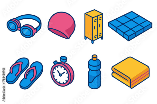 Swim Gear Icons. Lap Swim Essentials modern flat icons set: goggles, swim cap, locker, pool tiles, flip-flops, stopwatch, water bottle, towel.