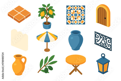 Mediterranean Courtyard Icons. Mediterranean courtyard modern flat icons set: terracotta tile, lemon tree, mosaic wall, wooden door, stucco wall, sunshade, blue ceramic pot,