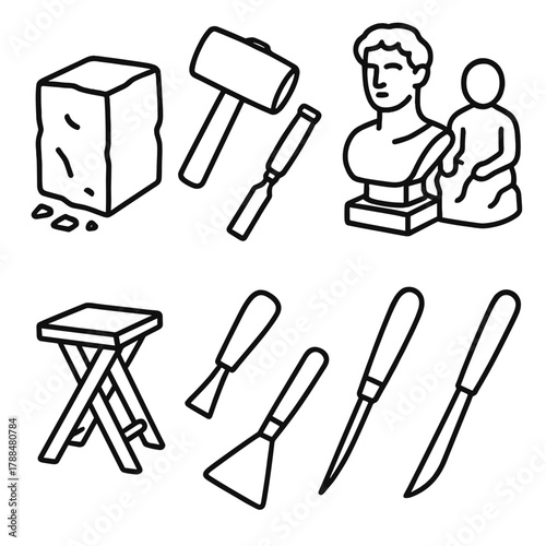 Sculpture Tools Icons. Sculpture linear icon set: stone block, mallet, chisel, sculpture bust, clay figure, wooden stand, scraper, sculpting knife.