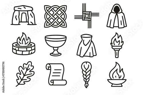 Celtic Symbolic Icons. Celtic Traditions linear icon set: stone circle, knot pattern, woven cross, fire pit, ritual cup, cloak, oak leaf, scroll, torch, horn cup, braided hair,
