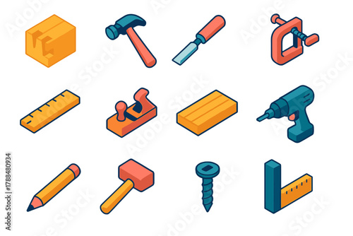 Isometric Joinery Icons. Joinery Design modern flat icons set: dovetail joint, hammer, chisel, clamp, ruler, plane, wood plank, drill, pencil, mallet, screw, square.