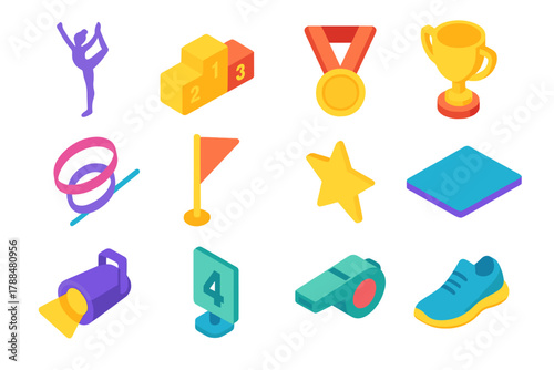 Gymnastics Icons Collection. Competition Stage modern flat icons set: gymnast silhouette, podium, medal, trophy, ribbon, flag, star, mat, spotlight, number card, whistle, shoe.