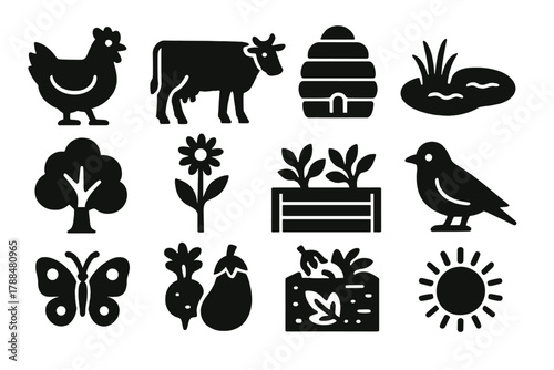 Biodiverse Farm Icons. Biodiverse farm ecosystems silhouette icon set: chicken, cow, beehive, pond, tree, wildflower, garden bed, bird, butterfly, vegetable patch, compost area,