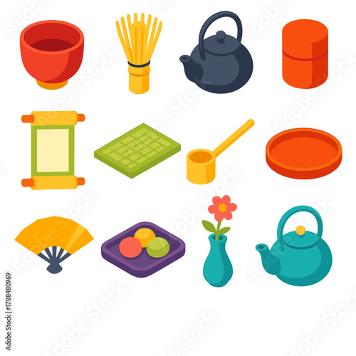 Chanoyu Essentials Icons. Chanoyu essentials modern flat icons set: tea bowl, bamboo whisk, iron kettle, tea caddy, scroll, tatami mat, ladle, tray, fan, sweets plate, flower vase,