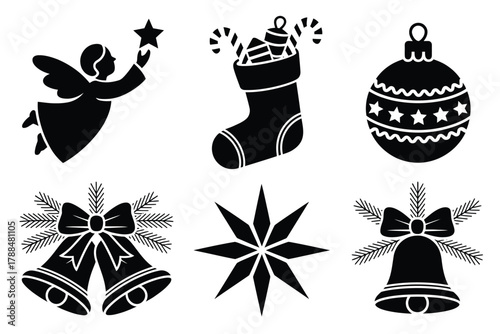 A collection of festive Christmas holiday icons including an angel holding a star, a stocking filled with gifts, a bauble, bells, and a starburst.
