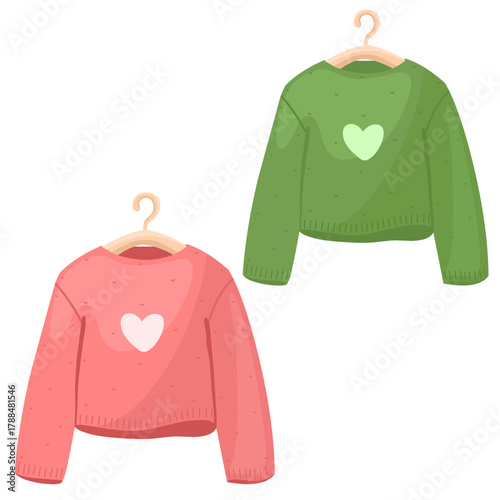 Sweater on a hanger. Green and coral sweater. Flat lay clothing, pullover