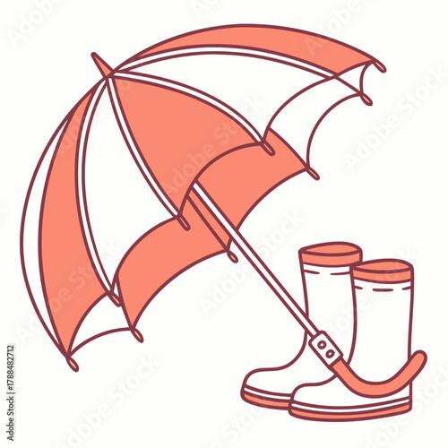 Cute coral umbrella and rain boots illustration