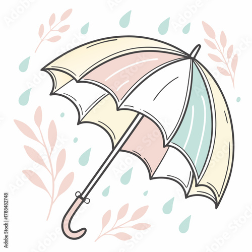 Cute pastel umbrella with rain and leaves illustration