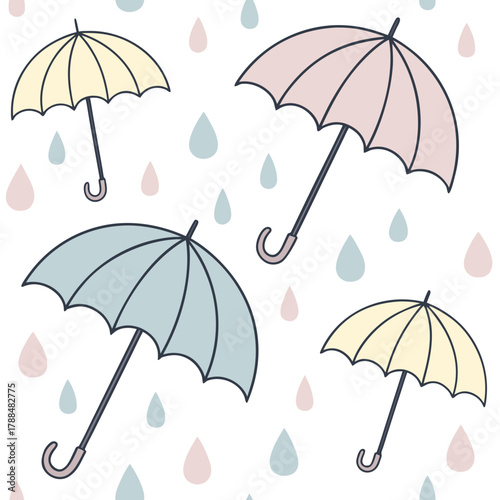 Cute pastel umbrellas and raindrops seamless pattern