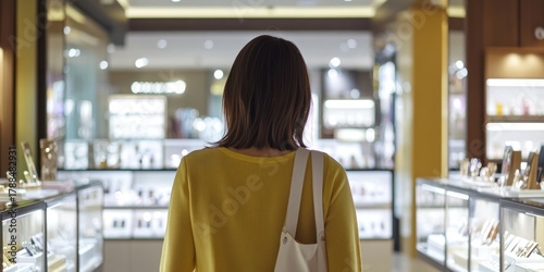 Woman browsing jewelry in a brightly lit store.