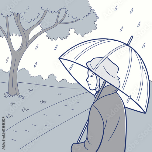 Person with umbrella walking in the rain on a path