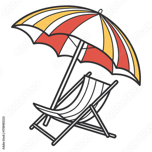 Striped beach umbrella over empty deck chair